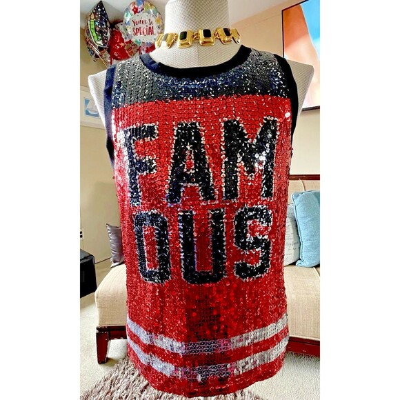 Y2K Move U Graphic Tank Top "FAMOUS" Women's SM Sequins Grunge Embellished Bling - Picture 1 of 13